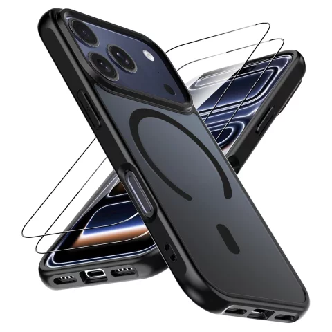 Alogy 3in1 Case Pack™ – Schwarze MagSafe Hybrid-Hülle mit 2 Displayschutzfolien aus gehärtetem Glas für Apple iPhone 17 Pro Max