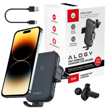 Alogy Fast Charging držák do auta s 15W indukční Qi nabíječkou automatická pro auto na síti rychlé nabíjení černý