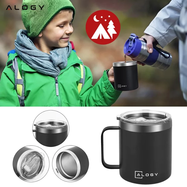 Thermobecher 420 ml mit Henkel und Deckel für Kaffee, Tee, Stahl, Kalt- und Heißgetränke, Alogy Black
