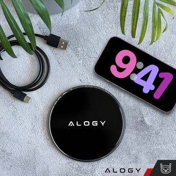 QI bezdrátová indukční nabíječka 15W rychlá LED Alogy kulatá pro iPhone USB-C kabel Černá