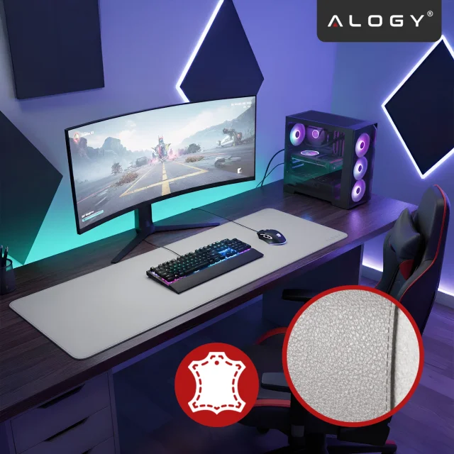 Podkładka na biurko 100×50 cm – antypoślizgowa mata ochronna z eleganckiej ekoskóry PU, pod mysz i klawiaturę, stylowa i trwała – Alogy WorkMat™ Szara