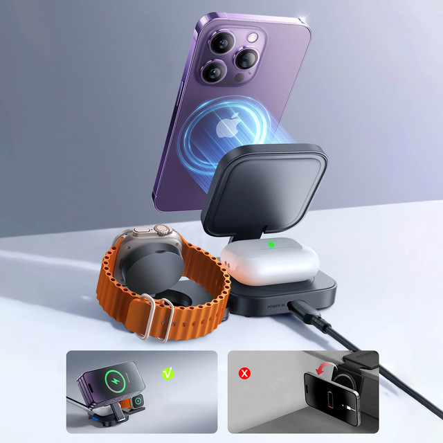 Qi Mag Safe 15W indukční nabíječka pro iPhone Apple Watch AirPods bezdrátová dokovací stanice 3v1 černá