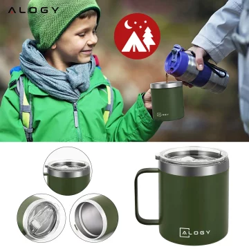 Thermal mug 420 ml with handle and lid for coffee, tea, steel, cold and hot drinks Alogy Green