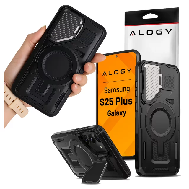 Pouzdro pro Samsung Galaxy S25 Plus s vyztuženou pancéřovanou ochranou objektivu MagSafe a funkcí stojánku, ochranné pouzdro pro telefon Alogy HeavyDuty Mag™️Black