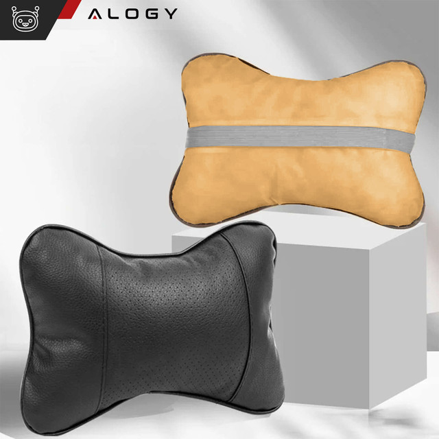 Profiled car neck pillow for the headrest of the car, comfortable soft eco-leather Alogy Black