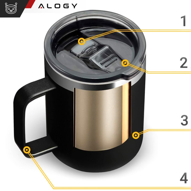 Thermobecher-Set mit 2 Tassen. Thermobecher 420 ml mit Griffdeckel für Kaffee, Tee, Stahl, Alogy Black