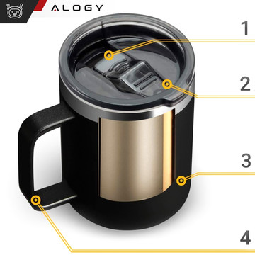 Thermal mug 420ml with handle lid for coffee tea steel cold and warm drinks Alogy Black Washing brush