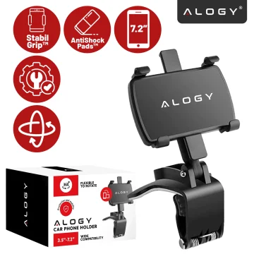 Uchwyt samochodowy do telefonu do 7.2" – montaż na lusterko, kokpit lub osłonę przeciwsłoneczną, stabilny i regulowany – Alogy MirrorGrip™ Czarny