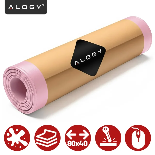 Podkładka na biurko 80×40 cm – antypoślizgowa mata ochronna z eleganckiej ekoskóry PU, pod mysz i klawiaturę, stylowa i trwała – Alogy WorkMat™ Różowa