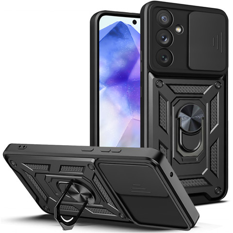 Pouzdro pro Samsung Galaxy A55 5G Armored Slide Case Ring Pouzdro Ochrana fotoaparátu Camshield Alogy Black Glass