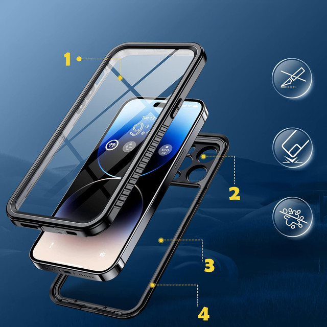 Hülle für iPhone 14 Pro Max, wasserdicht, gepanzert, 360-Grad-Hülle, Hybridlinse, Kameraschutz, IP68, wasserdicht, Schwarz