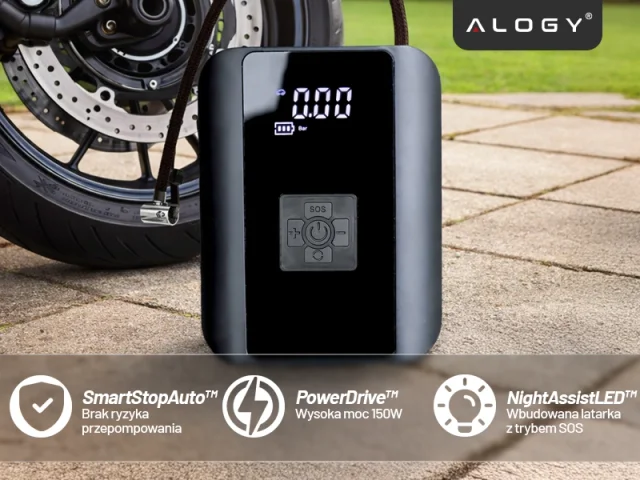 Pompka elektryczna rowerowa do roweru Bezprzewodowa Kompresor Samochodowy przenośny z latarką 150 PSI Alogy Czarna