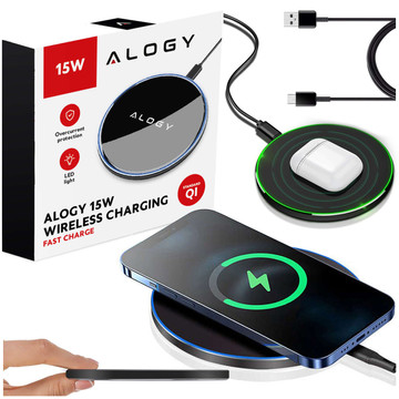 QI bezdrátová indukční nabíječka 15W rychlá LED Alogy kulatá pro iPhone USB-C kabel Černá