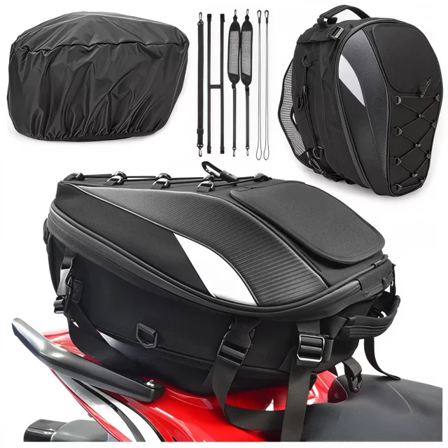 Plecak torba motocyklowa wodoodporna 40L – 5w1 – kufer, podsiodłowa, bagażnikowa, na kask, z pokrowcem, Nylon, torba miejska na motocykl – Alogy RoadMaster™ Czarna