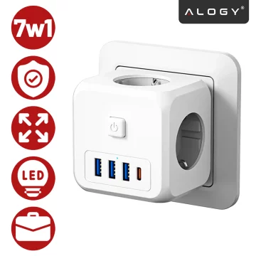 Síťový splitter splitter Adaptér nabíječky zloděj 3 zásuvky EU 3x USB USB-C C 7v1 Alogy Bílá