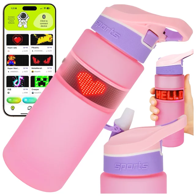 Butelka Bidon na Napoje LED, Inteligentna z Wyświetlaczem i Łącznością Bluetooth, Słomka, Motywacyjna, Wielokrotnego Użytku, Alogy FitBottle™ 800ml - Różowa