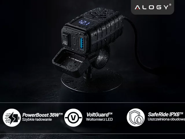 Motocyklová nabíječka Alogy MotoCharge Pro™ s displejem, rychlé nabíjení 36 W PD QC 3.0, porty USB-A a USB-C, vodotěsná a odolná, černá