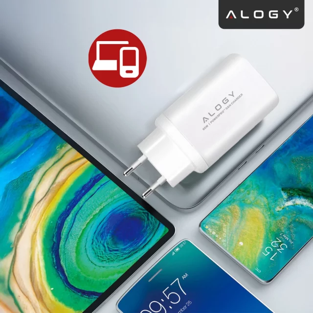 Alogy GaNCharge Kompaktes 3-in-1-Wandladegerät, schnelles Laden, GaN3, 65 W, USB-A, 30 W, 2 x USB-C, 65 W, Weiß