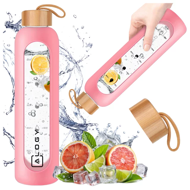 Butelka szklana duża bidon na napoje do picia Alogy Miarka motywacyjna 1l 1000ml etui silikonowe Różowa