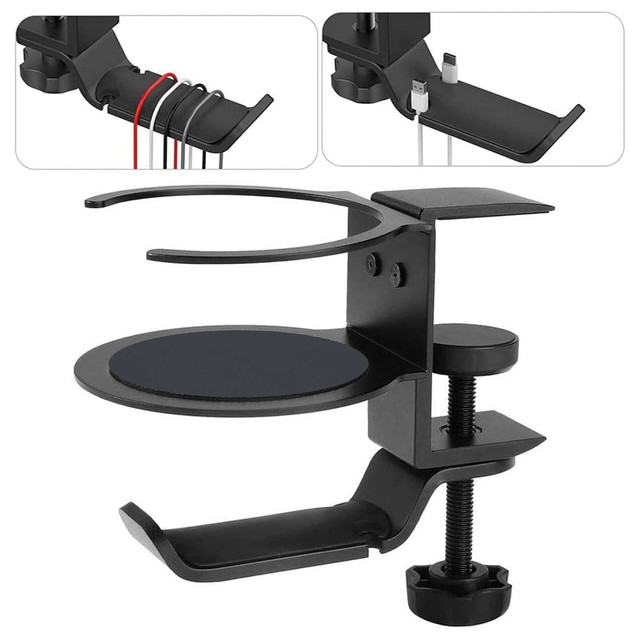 2v1 stolní organizér držák na šálek sluchátka kabely stolní hliníkový stojánek věšák háček Alogy Black