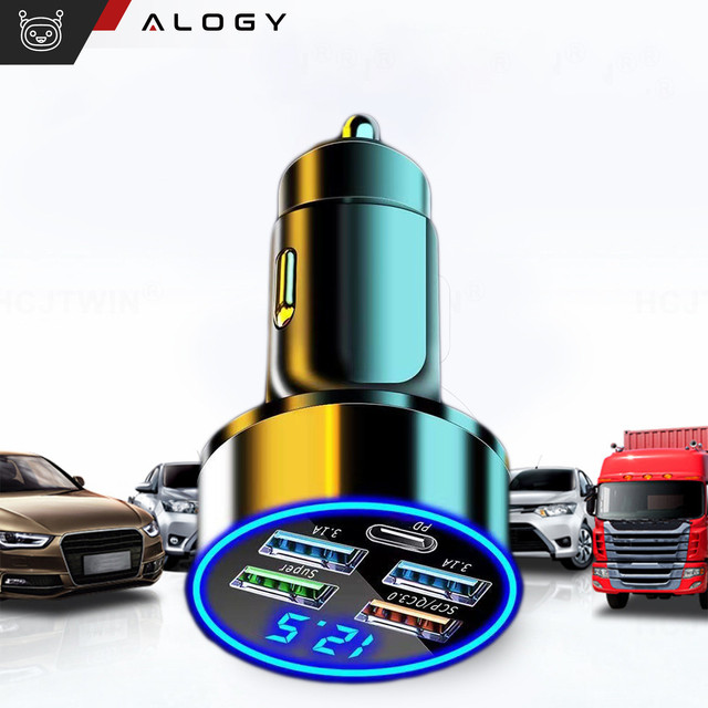 Autoladegerät 4x USB QC 3.0 USB C PD 20W LED schnell leistungsstark 250W für Alogy Autotelefon schwarz