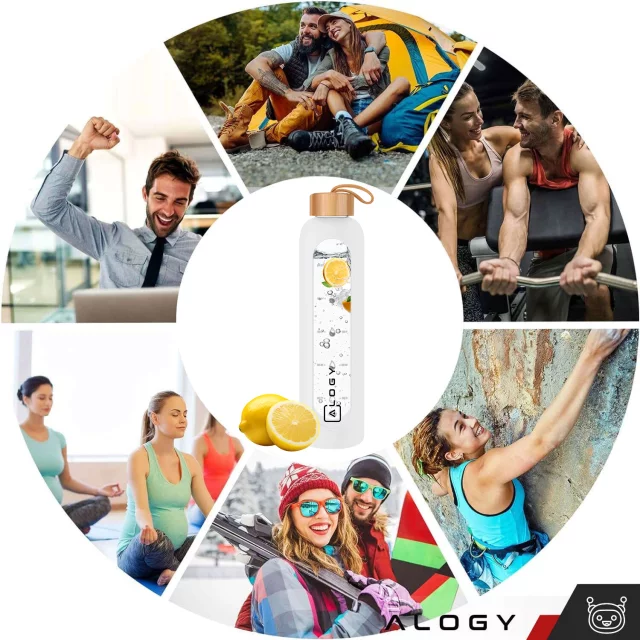 Große Glasflasche, Trinkflasche Alogy Motivational Messbecher 1l 1000ml, Silikonhülle Weiß