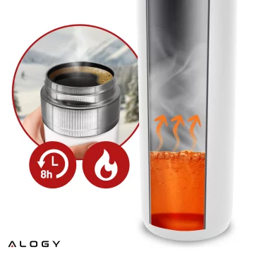 Kubek termiczny Termos Alogy ThermoGo™ 800ml Stalowy Szczelny Pakowny Podróżny do Kawy i Herbaty Sportowy Długo Trzymający Ciepło do Auta i Plecaka Biały