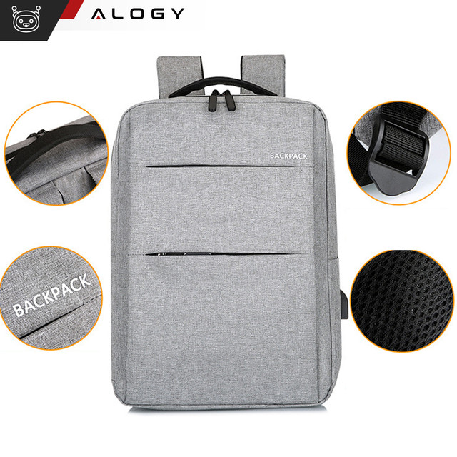 Backpack laptop bag 15.6" large waterproof with USB port Unisex 44x34x13cm for plane Alogy Backpack Gray