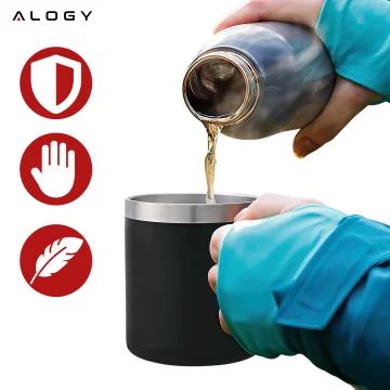 Termohrnek 420 ml s uchem a víčkem na kávu, čaj, ocel, studené i teplé nápoje, Alogy Black