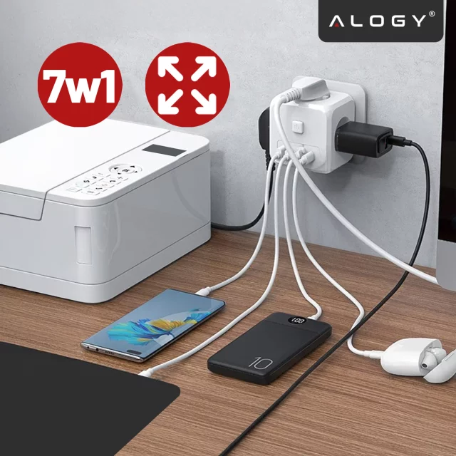 Síťový splitter splitter Adaptér nabíječky zloděj 3 zásuvky EU 3x USB USB-C C 7v1 Alogy Bílá