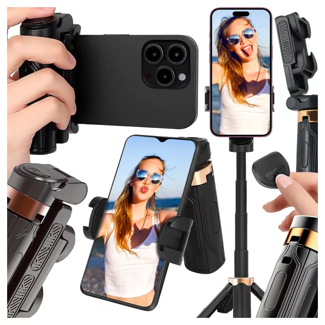 Selfie Stick Mini Tripod stabilny kompaktowy lekki Kijek do Selfie i Statyw Rozkładany 360° z Pilotem Bluetooth 10m, Stojak do Zdjęć i Nagrywania, Alogy FlexiShot™ Czarny