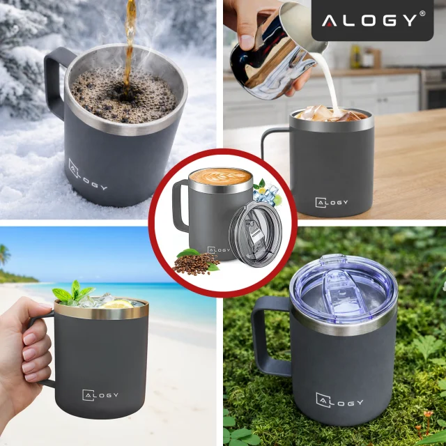 Termohrnek 420 ml s uchem a víčkem na kávu, čaj, ocel, studené a teplé nápoje Alogy Grey