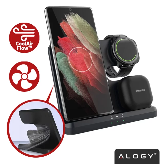 Bezdrátová indukční nabíječka 3v1 Qi 3.0 Fast pro Samsung S22 S23 S24 Galaxy Watch Buds Station černá