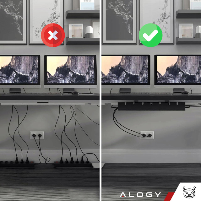 Organizér kabelů pod desku stolu, nastavitelná police na kabely, lišta na stůl, hliníkový držák Alogy Black