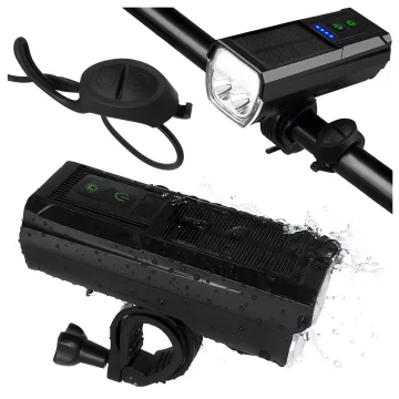 LED-Fahrradfrontlicht mit Solarpanel und Hupe, superhell (1000 lm, 4400 mAh), wasserdicht, schwarz