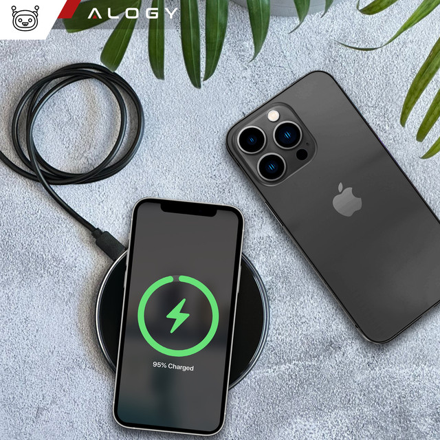 QI bezdrátová indukční nabíječka 15W rychlá LED Alogy kulatá pro iPhone USB-C kabel Černá