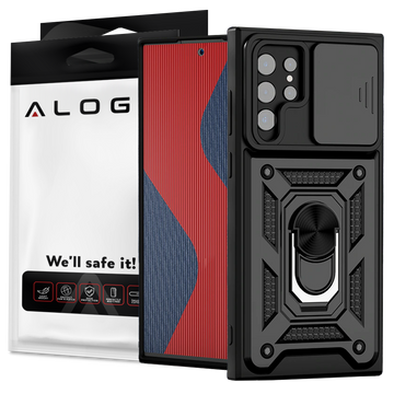 Gepanzerte Hülle mit Kameraabdeckung Alogy Camshield Stand Ring für Samsung Galaxy S22 Ultra schwarz