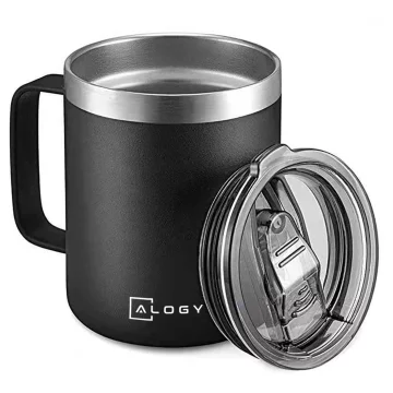 Thermobecher 420 ml mit Henkel und Deckel für Kaffee, Tee, Stahl, Kalt- und Heißgetränke, Alogy Black