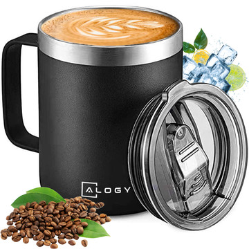 Thermal mug 420ml with handle lid for coffee tea steel cold and warm drinks Alogy Black Washing brush