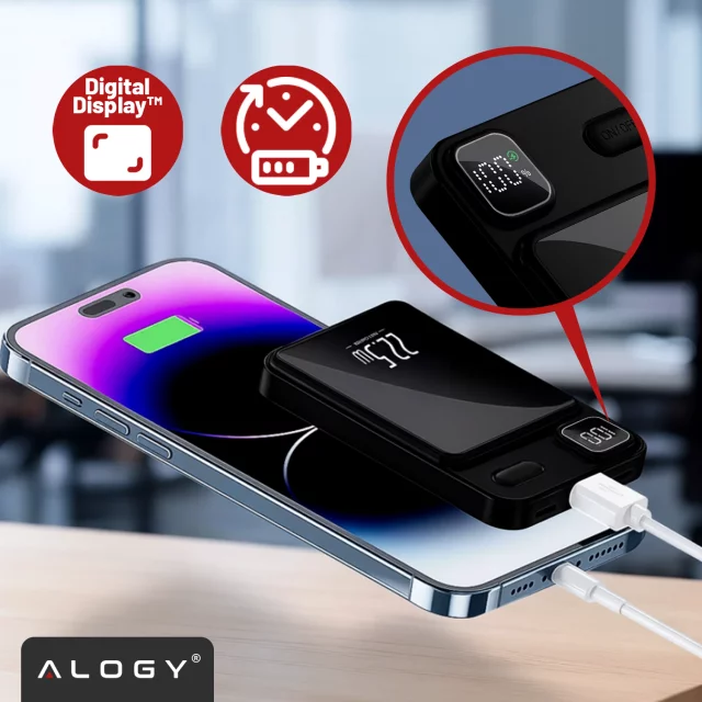 PowerBank Bezprzewodowy 10000mAh z Technologią MagSafe, Szybkie Ładowanie 22.5W PD20W, Kompaktowy i Magnetyczny, Alogy MagCharge™ – Czarny