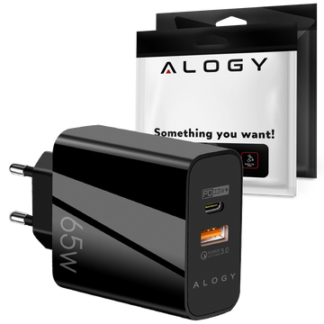 Schnelles 65-W-Wandladegerät 2x USB-C Typ C PD USB-A USB Alogy 3 Ports stark Schwarz