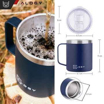 Thermal mug 420ml with handle lid for coffee tea steel cold and warm drinks Alogy navy blue Washing brush