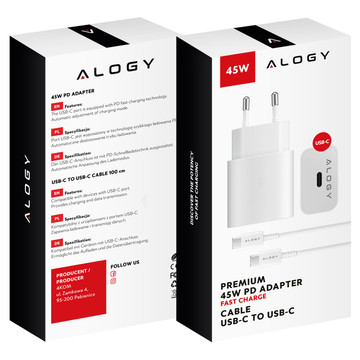 USB-C Type-C PD Premium Fast Wall Charger 45W 3A Type-C Cable 1M Alogy White