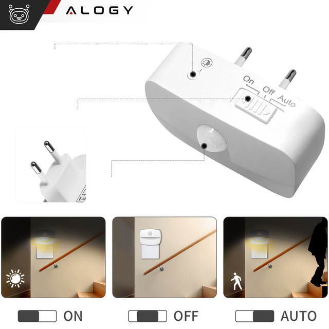 2x LED night lamp with motion sensor for EU socket, 3 light colors Alogy Night Light White