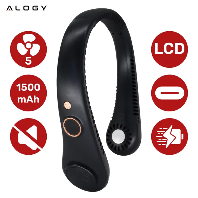 Wiatrak na szyję Alogy BreezeNeck™ mini wentylator cyrkulator powietrza na kark z wyświetlaczem 1500mAh Czarny