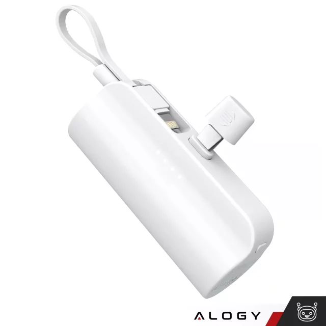 PowerBank 5000mAh Alogy bank energii kieszonkowy mały ładowarka zewnętrzna Power Bank USB-C i lightning Biały