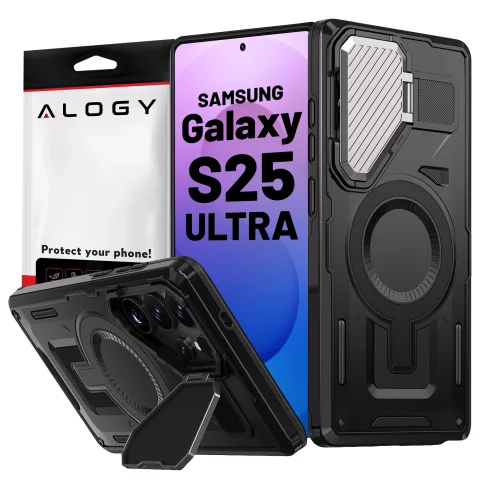 Samsung Galaxy S25 Ultra Case for MagSafe Reinforced Armored Lens Protection with Stand Function Protective Phone Case Alogy HeavyDuty Mag™️Black