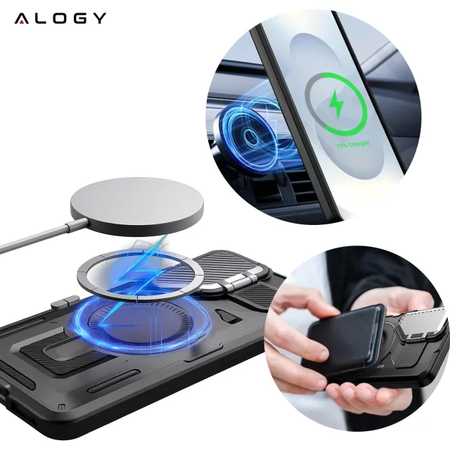 Pouzdro pro Samsung Galaxy S25 s vyztuženou pancéřovanou ochranou objektivu MagSafe s funkcí stojánku, ochranné pouzdro na telefon Alogy HeavyDuty Mag™️Black