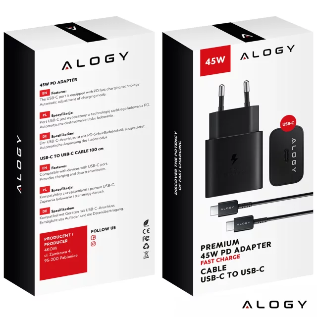 USB-C Type-C PD Premium Fast 45W 3A Wall Charger Type-C 1M Alogy Black