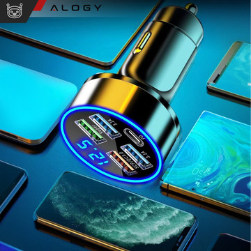 Car charger 4x USB QC 3.0 USB C PD 20W LED fast powerful 250W for Alogy Car phone black